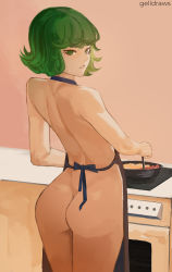 Rule 34 | 1girl, apron, artist name, ass, back, backless outfit, bad id, bad pixiv id, bare shoulders, bob cut, cooking, cowboy shot, food, from behind, gelldraws, green eyes, green hair, halterneck, highres, looking at viewer, medium hair, naked apron, nose, one-punch man, oven, pursed lips, shoulder blades, frying pan, skinny, solo, standing, tatsumaki, thighs, tsurime