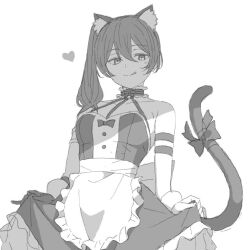 Rule 34 | 1girl, :q, animal ear fluff, animal ears, aoi suzu, apron, arm strap, bare shoulders, bow, breasts, cat ears, cat tail, collar, commentary, cowboy shot, double-parted bangs, dress, fake animal ears, fake tail, frilled apron, frilled collar, frills, gloves, greyscale, hair between eyes, halterneck, heart, looking at viewer, medium breasts, monochrome, side ponytail, simple background, single glove, skirt hold, sleeveless, sleeveless dress, solo, sousou no frieren, tail, tail bow, tail ornament, tongue, tongue out, ubel (sousou no frieren), waist apron, white background