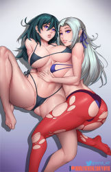 Rule 34 | 2girls, aqua hair, arm behind back, ass, back, barefoot, blush, breast press, breasts, byleth (female) (fire emblem), byleth (fire emblem), clothes, edelgard von hresvelg, feet, fire emblem, highres, intelligent systems, large breasts, long hair, looking at viewer, lying, multiple girls, nintendo, nipples, pantyhose, partially undressed, purple eyes, silver hair, simple background, soles, toes, torn clothes, torn pantyhose, yinyue