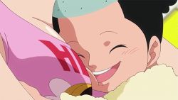 Rule 34 | 1boy, 1girl, age difference, animated, animated gif, between breasts, breast press, breasts, cleavage, face between breasts, grin, head between breasts, head out of frame, kouzuki momonosuke, lowres, nami (one piece), one piece, punk hazard, shiny skin, smile, view between breasts
