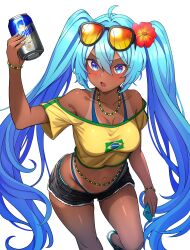 Rule 34 | absurdres, blue eyes, blue hair, blush response, brazilian miku, breasts, brown skinned female, can, cleavage, hatsune miku, highres, holding, holding can, holding phone, medium breasts, phone, short shorts, shorts, tan, tanline, twintails