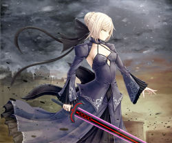 Rule 34 | 1girl, artoria pendragon (all), artoria pendragon (fate), black ribbon, blonde hair, braid, breasts, cleavage, collarbone, commentary request, detached sleeves, dress, excalibur morgan (fate), fate/stay night, fate (series), from side, hair ribbon, holding, holding sword, holding weapon, long sleeves, medium breasts, mjjn8232, ribbon, saber alter, short hair, solo, sword, weapon, yellow eyes