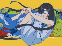 Rule 34 | 1girl, black hair, blue hair, border, cevio, closed eyes, closed mouth, colored inner hair, dated, dress, film grain, floating, floating hair, floral background, full body, futaba minato, hair ornament, hairclip, hugging own legs, knees together feet apart, letterboxed, long hair, momonosa oekaki, multicolored hair, outside border, raised eyebrows, shoes, signature, sleeveless, sleeveless dress, smile, sneakers, solo, very long hair, white dress, yellow border