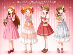Rule 34 | 4girls, bag, basket, blue eyes, book, bottle, bouquet, bracelet, bread, broccoli, brown hair, dress, fashion, finger to cheek, flower, food, fruit, full body, futami ami, futami mami, gradient background, grin, hair flower, hair ornament, hairband, highres, idolmaster, idolmaster (classic), jewelry, key, key necklace, loaf of bread, looking at viewer, md5 mismatch, minase iori, multiple girls, necklace, one eye closed, open mouth, orange hair, outsider 0, red eyes, resolution mismatch, ribbon, siblings, side ponytail, sisters, smile, source larger, sparkle, strawberry, striped, striped background, takatsuki yayoi, twins, twintails, wine bottle
