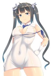 Rule 34 | 10s, 1girl, aqua eyes, arm ribbon, bare shoulders, black hair, blue eyes, blush, bow, breasts, cleavage, cleavage cutout, clothing cutout, covered navel, dress, dungeon ni deai wo motomeru no wa machigatteiru darou ka, female focus, gloves, groin, hair ornament, hair ribbon, hands on own hips, hestia (danmachi), highres, large breasts, long hair, looking at viewer, panties, rei no himo, ribbon, short dress, skindentation, sleeveless, sleeveless dress, smile, solo, transparent background, twintails, underwear, white dress, white gloves, white panties, zukky