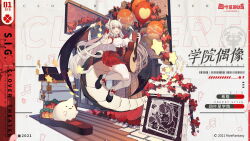 Rule 34 | 1girl, black wings, bow, clover theater, dragon girl, dragon horns, dragon tail, dragon wings, full body, guitar, highres, holding, holding guitar, holding instrument, horns, instrument, large tail, long hair, looking at viewer, official art, orange eyes, plaid, plaid skirt, pleated skirt, red bow, red skirt, school uniform, shirt, short sleeves, sig (clover theater), skirt, tail, thighhighs, very long hair, white hair, white shirt, white thighhighs, wings