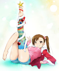 Rule 34 | 1girl, arm warmers, barefoot, between toes, brown eyes, brown hair, christmas, christmas ornaments, christmas tree costume, coat, feet, fingerless gloves, full body, fur trim, futami mami, garland (decoration), gloves, grin, hair bobbles, hair ornament, heart, highres, holding with feet, idolmaster, idolmaster (classic), kaiga, leg ribbon, legs, long legs, lying, multicolored clothes, multicolored legwear, on back, outstretched leg, plantar flexion, ribbon, short shorts, shorts, side ponytail, single thighhigh, smile, soles, solo, star (symbol), thighhighs, v