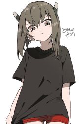 Rule 34 | 1girl, alternate costume, black shirt, blush, closed mouth, grey eyes, grey hair, headband, headgear, highres, kantai collection, one-hour drawing challenge, red shorts, shirt, short hair, short sleeves, shorts, simple background, solo, taihou (kancolle), toramaru q, twitter username, white background