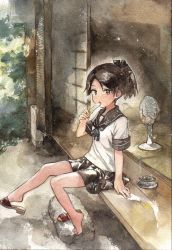 Rule 34 | 1044kiro, 10s, 1girl, barefoot, bow, brown eyes, brown hair, eating, electric fan, feet, food, full body, graphite (medium), hair bow, hand fan, highres, kantai collection, looking at viewer, mosquito coil, open mouth, painting (medium), ponytail, popsicle, porch, school uniform, serafuku, shikinami (kancolle), shoe dangle, shoes, short ponytail, single shoe, sitting, sliding doors, slippers, solo, tatami, traditional media, tree, watercolor (medium)