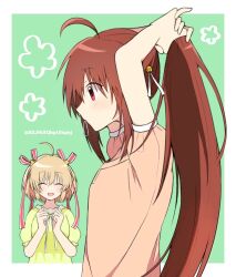 Rule 34 | 2girls, :d, ^ ^, ahoge, alternate costume, arms up, bell, blonde hair, blush, border, brown hair, casual, clenched hands, closed eyes, commentary, from side, green background, green shirt, hair bell, hair ornament, hair ribbon, hair tie in mouth, hairdressing, hands up, happy, highres, jingle bell, kamikita komari, little busters!, long hair, long ribbon, mouth hold, multiple girls, natsume rin, open mouth, orange shirt, ponytail, profile, red eyes, red ribbon, ribbon, shirt, short hair, short sleeves, sidelocks, simple background, smile, solo focus, star (symbol), star hair ornament, twitter username, two side up, upper body, very long hair, white border, white ribbon, xdjf63qbpt0iqmj
