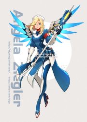 Rule 34 | 1girl, aged down, beret, blonde hair, character name, combat medic ziegler, eyes visible through hair, full body, hat, highres, looking at viewer, mechanical wings, medium hair, mercy (overwatch), official alternate costume, overwatch, overwatch 1, smile, solo, staff, wings, ziyo ling