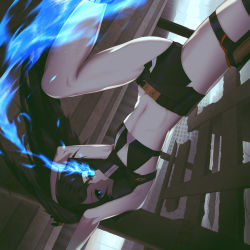 Rule 34 | 1girl, armpits, arms up, bare arms, bare legs, bikini, bikini top only, black bikini, black gloves, black hair, black rock shooter, black rock shooter (character), black rock shooter: dawn fall, black shorts, blue eyes, closed mouth, fire, flaming eyes, flat chest, floating hair, gloves, highres, holster, jack09, long hair, midriff, navel, outdoors, short shorts, shorts, solo, stomach, swimsuit, thigh holster, very long hair