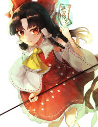Rule 34 | 1girl, absurdres, ascot, bare shoulders, between fingers, black hair, bow, detached sleeves, feet out of frame, gohei, hair bow, hair tubes, hakurei reimu, highres, hikage (0hi kageo), holding, holding gohei, japanese clothes, long hair, nontraditional miko, ofuda, ofuda between fingers, red bow, red eyes, red skirt, revision, ribbon-trimmed sleeves, ribbon trim, sidelocks, simple background, skirt, solo, touhou, unfinished dream of all living ghost, white background, white sleeves, wide sleeves, yellow ascot