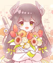 Rule 34 | 1girl, anniversary, black hair, blush, bouquet, flower, green eyes, green ribbon, hair ribbon, headgear, highres, i-47 (kancolle), kantai collection, long hair, long sleeves, looking at viewer, nada namie, open mouth, orange flower, pink flower, red flower, ribbon, rose, signature, simple background, solo, torpedo, tulip, upper body, very long hair, white flower