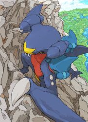 Rule 34 | aomon (yuuji7604), black sclera, blue skin, blue sky, climbing, cloud, colored sclera, colored skin, commentary, creatures (company), from above, game freak, garchomp, gen 4 pokemon, gible, highres, horns, mountain, multicolored skin, nintendo, pokemon, pokemon (creature), red skin, sharp teeth, sky, symbol-only commentary, tail, teeth, two-tone skin, yellow eyes