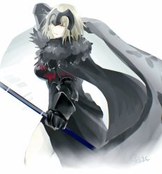 Rule 34 | 1girl, armor, armored dress, cloak, fate/grand order, fate (series), flag, headpiece, holding, holding flag, hoshi rasuku, jeanne d&#039;arc (fate), jeanne d&#039;arc alter (avenger) (fate), jeanne d&#039;arc alter (fate), open mouth, short hair, silver hair, simple background, solo, white background, yellow eyes