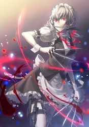 Rule 34 | 1girl, apron, between fingers, blood, braid, female focus, hair ribbon, holding, holster, izayoi sakuya, kikugetsu, knife, light particles, looking at viewer, maid, maid apron, maid headdress, mouth hold, necktie, puffy sleeves, red eyes, ribbon, shirt, short sleeves, silver hair, skirt, skirt set, solo, thigh holster, touhou, twin braids, vest, waist apron, wrist cuffs