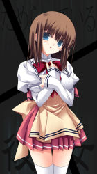 Rule 34 | 1girl, apron, blue eyes, bow, bowtie, brown hair, looking at viewer, original, parted lips, sleeves past wrists, solo, thighhighs, waitress, zettai ryouiki, zinno