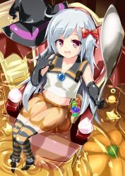 Rule 34 | 1girl, breasts, cleavage, elbow gloves, gloves, halloween, hat, long hair, midriff, naka (cheeseyeast), navel, open mouth, original, panties, pantyshot, red eyes, see-through, skirt, smile, solo, spoon, thighhighs, underwear, upskirt, white hair, witch hat