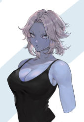 Rule 34 | 1girl, black shirt, blue eyes, blue skin, breasts, cleavage, closed mouth, colored skin, commentary, commission, cropped torso, english commentary, grey hair, highres, large breasts, lips, looking at viewer, medium hair, original, parted bangs, shirt, sleeveless, sleeveless shirt, solo, tezy8art, upper body