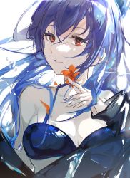 Rule 34 | 1girl, arknights, bare shoulders, bikini, black jacket, blue bikini, blue hair, breasts, ch&#039;en (arknights), ch&#039;en the holungday (arknights), cleavage, collarbone, flower, highres, holding, holding flower, jacket, large breasts, lens flare, long hair, long sleeves, looking at viewer, off shoulder, open clothes, open jacket, orange flower, parted lips, qianzhu, red eyes, simple background, solo, swimsuit, upper body, white background