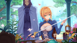 Rule 34 | 1boy, 1girl, ahoge, aqua eyes, armor, artist name, artoria pendragon (all), artoria pendragon (fate), backlighting, blonde hair, bug, butterfly, cape, chair, collarbone, day, fate/zero, fate (series), flower, glass, gold trim, highres, holding, holding sword, holding weapon, insect, kettle, lancelot (fate/grand order), outdoors, purple eyes, purple hair, rafael-m, saber (fate), sitting, sword, table, tower, tray, tree, weapon