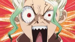 Rule 34 | 1boy, angry, animated, animated gif, blonde hair, bloodshot eyes, dr. stone, emphasis lines, face, facial mark, forehead mark, green hair, ishigami senkuu, looping animation, male focus, multicolored hair, open mouth, red eyes, screencap, sharp teeth, solo, teeth