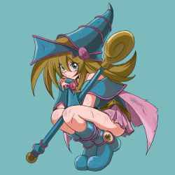 Rule 34 | 1girl, artist request, ass, bare legs, bare shoulders, blonde hair, blue footwear, blush stickers, breasts, cleavage, dark magician girl, duel monster, fetal position, full body, green eyes, hat, highres, injury, large breasts, long hair, looking at viewer, magical girl, miniskirt, shiny skin, simple background, skirt, solo, squatting, very long hair, wide hips, wizard hat, yu-gi-oh!