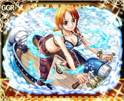 Rule 34 | 1girl, bikini, breasts, cloud, female focus, looking at viewer, nami (one piece), one piece, one piece: treasure cruise, orange hair, outdoors, solo, standing, swimsuit, tagme, tattoo