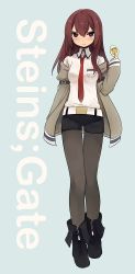 Rule 34 | 1girl, bad id, bad pixiv id, belt, black pantyhose, blush, boots, brown hair, dadami, full body, grey background, jacket, long hair, looking at viewer, makise kurisu, necktie, pantyhose, pantyhose under shorts, purple eyes, red necktie, shorts, simple background, solo, standing, steins;gate, tears, thigh gap, thighs, wavy mouth