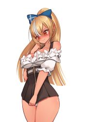 Rule 34 | 1girl, absurdres, bare shoulders, black skirt, blonde hair, blush, bow, breasts, brown eyes, cameltoe, commission, cosplay, dark-skinned female, dark skin, ear blush, elf, frilled shirt, frills, full-face blush, hair bow, high-waist skirt, high ponytail, highres, hololive, hololive english, large breasts, long hair, miniskirt, multicolored hair, off-shoulder shirt, off shoulder, panties, pantyshot, pleated skirt, pointy ears, shiranui flare, shirt, skaarl (artist), skirt, skirt tug, solo, streaked hair, suspender skirt, suspenders, sweatdrop, undersized clothes, underwear, virtual youtuber, watson amelia, watson amelia (cosplay), white panties, white skirt, zipper skirt