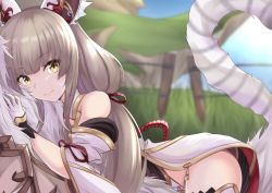 Rule 34 | 1girl, animal ears, bare shoulders, brown hair, cat ears, chibi yawawa, closed mouth, dromarch (xenoblade), facial mark, from side, gloves, grass, long hair, looking to the side, lying, nia (blade) (xenoblade), nia (xenoblade), nintendo, niyah, on stomach, riding, smile, spoilers, tiger, white gloves, xenoblade chronicles (series), xenoblade chronicles 2, xenoblade chronicles (series), xenoblade chronicles 2, yellow eyes