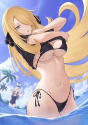 Rule 34 | 2girls, :o, absurdres, beanie, bikini, black bikini, black one-piece swimsuit, black shirt, blonde hair, blue sky, breasts, clothes lift, cloud, creatures (company), crossed arms, cynthia (pokemon), dawn (pokemon), day, floating hair, game freak, gen 4 pokemon, grey eyes, hair ornament, hair over one eye, hat, highres, large breasts, lifting own clothes, long hair, looking at viewer, mihiro (mitumitu3232ish), multiple girls, navel, nintendo, on head, one-piece swimsuit, open mouth, outdoors, palm tree, piplup, pokemon, pokemon (creature), pokemon dppt, pokemon on head, rainbow, shirt, shirt lift, side-tie bikini bottom, sky, solo focus, stomach, swimsuit, tree, very long hair, wading, water