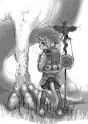 Rule 34 | 1girl, animal ears, backpack, bag, beret, bloom, blush, breath, dragon, dragon ears, dragon girl, dragon tail, from behind, full body, grass, greyscale, hand up, hat, holding strap, horns, kikai (akita morgue), looking back, monochrome, original, over-kneehighs, profile, randoseru, shoes, signpost, simple background, size difference, sleeping bag, solo, standing, tail, thighhighs