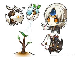 Rule 34 | 1girl, ?, celebration, drone, elsword, eve (elsword), facial mark, forehead jewel, grey hair, mechanical ears, moby (elsword), official art, plant, pointing, poker face, remy (elsword), sitting, sitting on object, watering can, yellow eyes