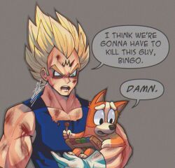 Rule 34 | 1boy, 1girl, animal, bingo heeler, blonde hair, blood, blood on arm, blood on face, blue tank top, bluey, crossover, dog, dragon ball, dragonball z, english text, fabarts, gloves, green eyes, grey background, holding, holding animal, i think we&#039;re gonna have to kill this guy steven (meme), instrument, majin vegeta, meme, open mouth, signature, speech bubble, spiked hair, super saiyan, tank top, toon (style), vegeta, white gloves, xylophone