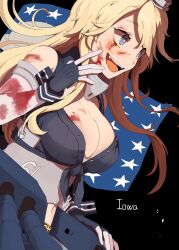 Rule 34 | 1girl, american flag, black background, blonde hair, blood, blood on face, blue eyes, breasts, character name, cleavage, elbow gloves, fangs, flag, front-tie top, gloves, headgear, highres, iowa (kancolle), kantai collection, large breasts, long hair, open mouth, rigging, shamomo, solo, star-shaped pupils, star (symbol), symbol-shaped pupils, turret, very long hair