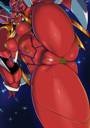 Rule 34 | 1girl, android, anus, breasts, cleft of venus, darling in the franxx, female focus, green pupils, highres, horns, large breasts, leg hold, leg up, looking at viewer, mecha, nipples, open mouth, pochincoff, pussy, red eyes, robot, robot girl, smile, star (symbol), starry background, strelizia, waving hands