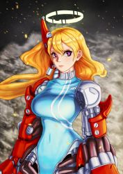 Rule 34 | 1girl, arms at sides, blonde hair, borrowed character, breasts, bright pupils, china dress, chinese clothes, covered navel, cyberpunk, cyborg, dress, embers, halo, highres, joints, large breasts, long hair, looking at viewer, original, oversized limbs, piston, purple eyes, robot joints, scrson, smoke, solo, white pupils, wind, wind lift