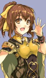 Rule 34 | 1girl, :d, armor, bow, breastplate, brown eyes, brown hair, cape, delthea (fire emblem), fang, fire emblem, fire emblem echoes: shadows of valentia, fuussu (21-kazin), grey background, hair bow, looking at viewer, medium hair, nintendo, open mouth, simple background, skin fang, sleeveless, smile, solo, standing, striped, vertical stripes, yellow bow, yellow cape
