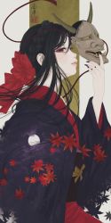 Rule 34 | 1girl, autumn leaves, black hair, black nails, bow, braid, branch, cloud print, crown braid, from side, hair bow, hand up, hannya, highres, holding, holding mask, japanese clothes, kimono, leaf, lips, long hair, looking at viewer, maple leaf, mask, moon print, nail polish, noh mask, obi, original, profile, red bow, red eyes, sash, seal impression, sideways glance, signature, smile, solo, ushiyama ame