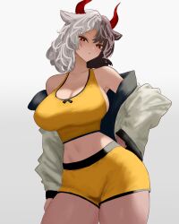 Rule 34 | 1girl, absurdres, animal ears, animal print, black hair, breasts, cleavage, cow ears, cow girl, cow horns, cow print, cow tail, cowboy shot, crop top, curvy, frilled shorts, frills, grey hair, highres, horns, large breasts, midriff, moriforest1040, multicolored hair, red horns, red tail, shorts, solo, split-color hair, tail, tank top, touhou, two-tone hair, ushizaki urumi, yellow shorts, yellow tank top