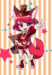 Rule 34 | 10s, 1girl, :d, animal ears, arm up, bike shorts, boots, brown cape, brown hat, cape, cosplay, cure chocolat, cure chocolat (cosplay), dog ears, dog tail, extra ears, full body, gloves, hat, highres, juliet sleeves, kenjou miku, kirakira precure a la mode, knee boots, long sleeves, looking at viewer, magical girl, open mouth, precure, puffy sleeves, red eyes, red footwear, red hair, red shorts, short hair, shorts, shorts under skirt, skirt, smile, solo, standing, star (symbol), striped, striped background, tail, take (takegene), thighhighs, thighhighs under boots, top hat, vertical stripes, white gloves, white skirt, white thighhighs