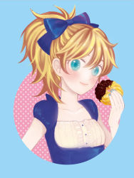 Rule 34 | 1girl, angel french, aqua eyes, blonde hair, blue background, blue nails, blush, collarbone, doughnut, food, french cruller, jojon, mister donut, nail polish, personification, ponytail, simple background, solo, upper body