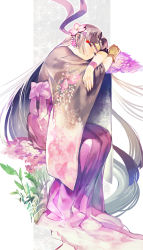 Rule 34 | 1girl, arm pillow, aruk, asa no ha (pattern), bow, floral print, flower, full body, gloves, gotcha warrior, grass, hair ornament, hakama, hakama skirt, head rest, headband, japanese clothes, kanzashi, kimono, leaning to the side, long hair, parted bangs, purple bow, purple flower, purple hakama, sakura (gotcha warrior), sidelocks, single glove, sitting, skirt, sleeping, solo, very long hair, white background, wide sleeves, wristband