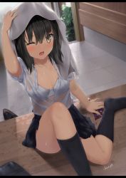 Rule 34 | 1girl, absurdres, arm up, bag, black footwear, black hair, black skirt, black socks, blush, bow, bow bra, bra, breasts, brown eyes, collarbone, collared shirt, commentary, dress shirt, hair between eyes, highres, indoors, kneehighs, loafers, long hair, md5 mismatch, no shoes, on floor, one eye closed, open clothes, open mouth, open shirt, original, pleated skirt, rain, resolution mismatch, school bag, school uniform, see-through, shirt, shoes, unworn shoes, short sleeves, signature, sitting, skirt, small breasts, socks, solo, source smaller, symbol-only commentary, towel, towel on head, underwear, wet, wet clothes, wet hair, wet shirt, white bra, white ph, white shirt