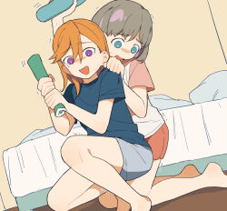 Rule 34 | :d, bare legs, barefoot, bed, bed sheet, bedroom, blue shirt, blue shorts, coldcat., dot nose, dutch angle, full body, grey hair, hair between eyes, hand on another&#039;s shoulder, highres, holding, holding paper, indoors, kneeling, looking at viewer, looking down, love live!, love live! superstar!!, medium hair, motion lines, on one knee, open mouth, orange hair, own hands together, paper, pillow, purple eyes, raglan sleeves, raised eyebrows, red shorts, rolled up newspaper, scared, shibuya kanon, shirt, short sleeves, shorts, sidelocks, smile, sweatdrop, t-shirt, tang keke, tearing up, trembling, white shirt, wide-eyed