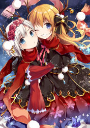 Rule 34 | 2girls, :t, antlers, bell, black bow, blonde hair, blue eyes, blush, bow, diffraction spikes, flower, grin, hair between eyes, hair bow, hair flower, hair ornament, horns, hug, jingle bell, long hair, long sleeves, looking at viewer, looking to the side, multiple girls, neck ribbon, one eye closed, original, pink ribbon, pom pom (clothes), red scarf, ribbon, scarf, shawl, short hair, silver hair, smile, snowflakes, star (symbol), yon (letter)