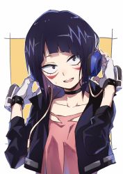 Rule 34 | 1girl, :d, audio jack, black hair, black jacket, boku no hero academia, brown background, commentary request, facial mark, fingerless gloves, gloves, hands on headphones, hands up, headphones, highres, jacket, jirou kyouka, long sleeves, looking at viewer, multicolored hair, open clothes, open jacket, open mouth, pink hair, pink shirt, puffy long sleeves, puffy sleeves, shirt, smile, solo, sweat, tama (tama-s), teeth, two-tone background, two-tone hair, upper body, upper teeth only, white background, white gloves