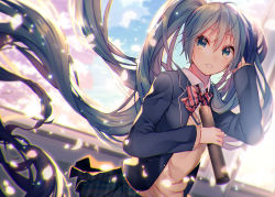 Rule 34 | 1girl, absurdly long hair, blazer, blue eyes, blue hair, blue jacket, blue sky, blurry, blurry background, blush, bow, bowtie, cardigan, cloud, collared shirt, commentary request, day, depth of field, dutch angle, hair between eyes, hatsune miku, holding, indoors, jacket, long hair, long sleeves, looking at viewer, open clothes, open jacket, parted lips, petals, plaid, plaid skirt, pleated skirt, shiomizu (swat), shirt, sidelocks, skirt, sky, solo, striped bow, striped bowtie, striped clothes, striped neckwear, tube, twintails, unmoving pattern, very long hair, vocaloid, white shirt, window